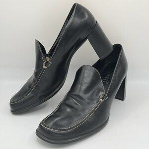 Vintage Y2K Franco Sarto Black Leather Chunky Block Heel Loafers 8.5 Academia